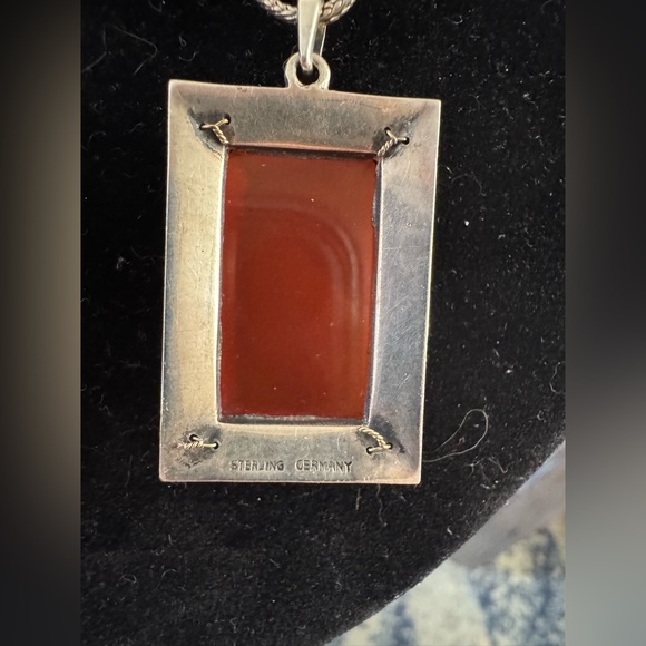 ANTIQUE GERMAN STERLING CARNELIAN EMERLD CUT PENDANT & UNIQUE 18” CHAIN ~13.29g - Picture 5 of 13